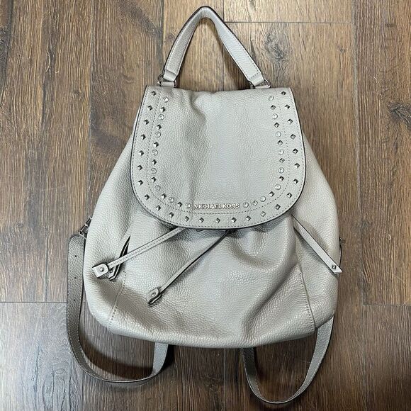 Michael Kors Riley rhinestone studded gray pebble drawstring leather backpack - Picture 1 of 10